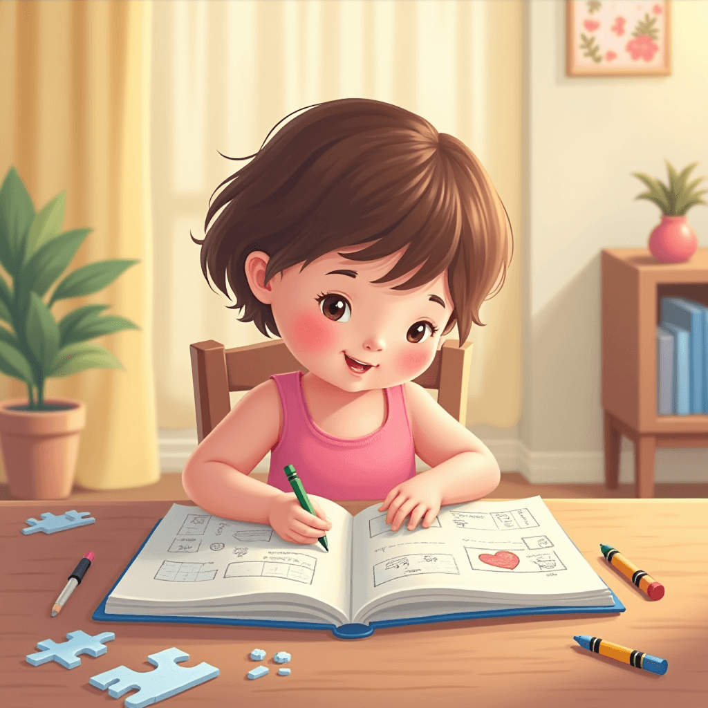 Child engaged in quiet, screen-free activity book with stickers and puzzles