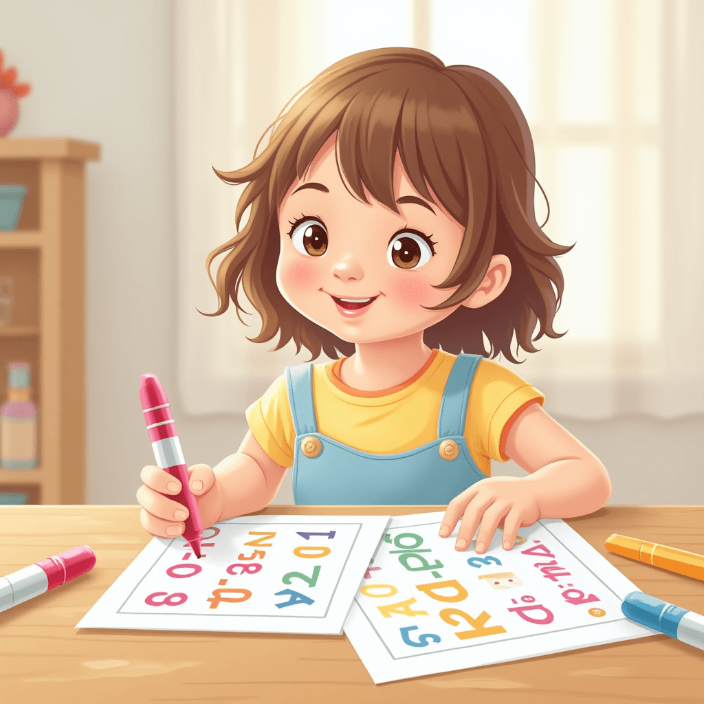 Child using printable learning sheets with markers for early education
