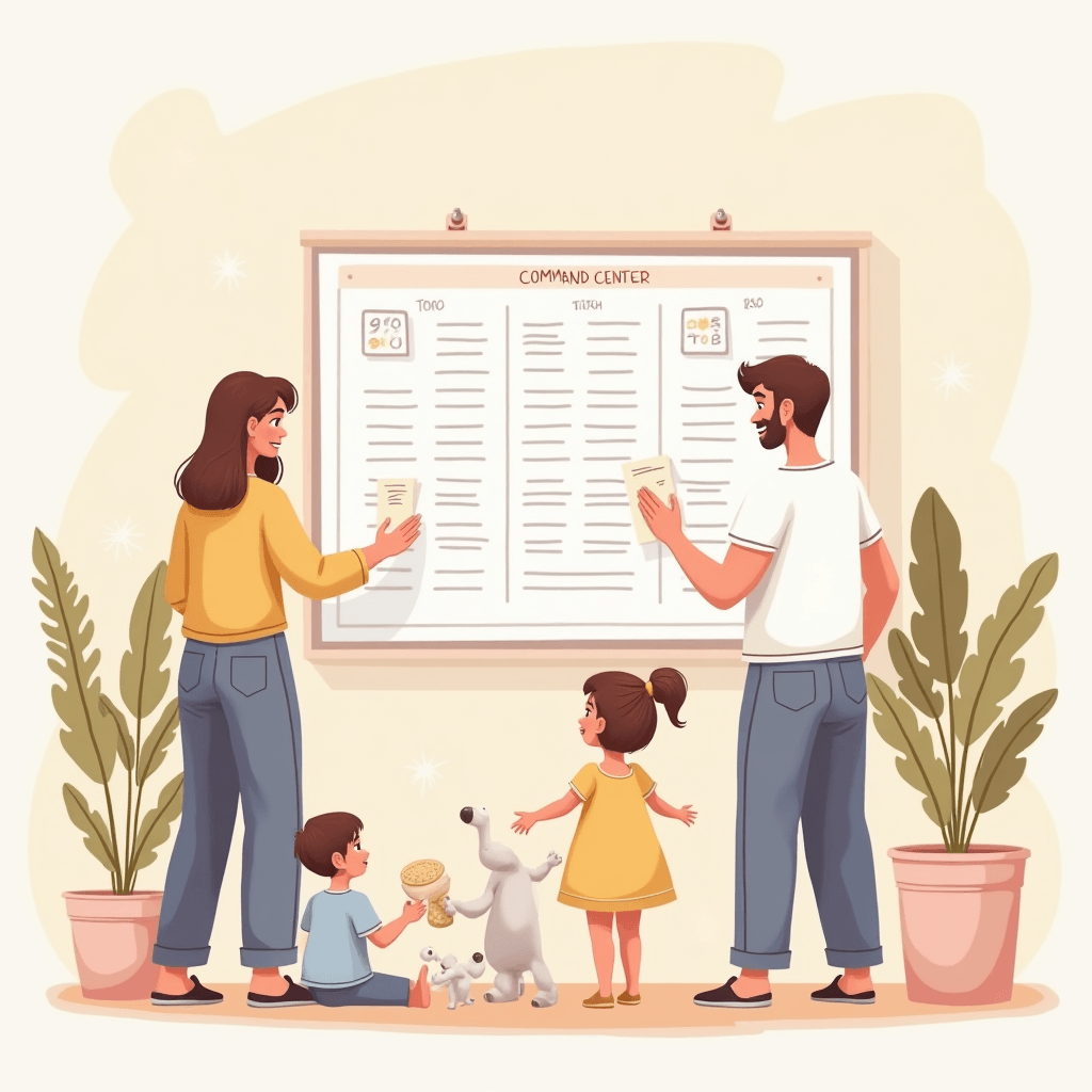 Kids using chore chart on a family command center wall