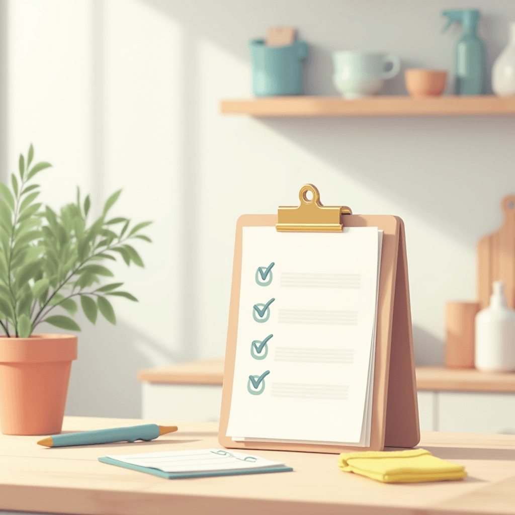 Printable cleaning checklist in a clean and organized kitchen