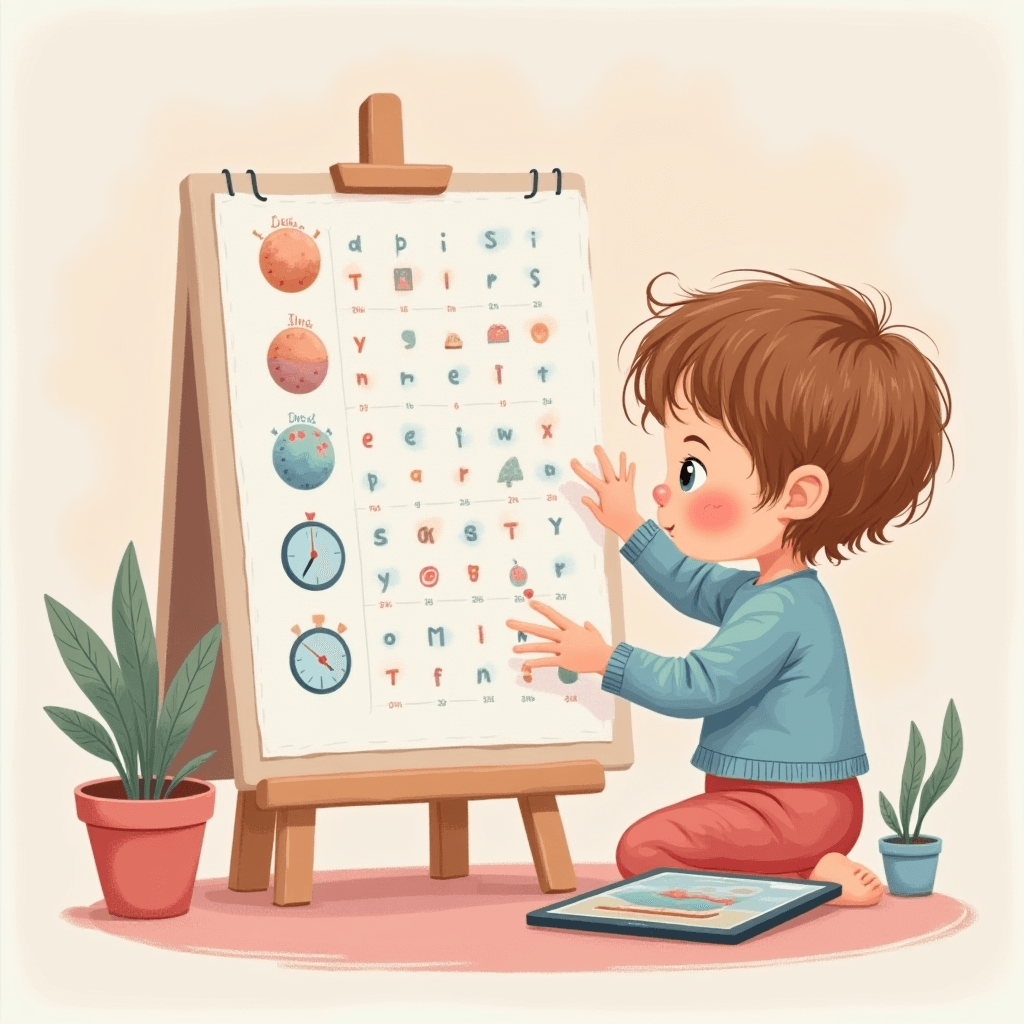 Child tracking screen time using printable chart at home