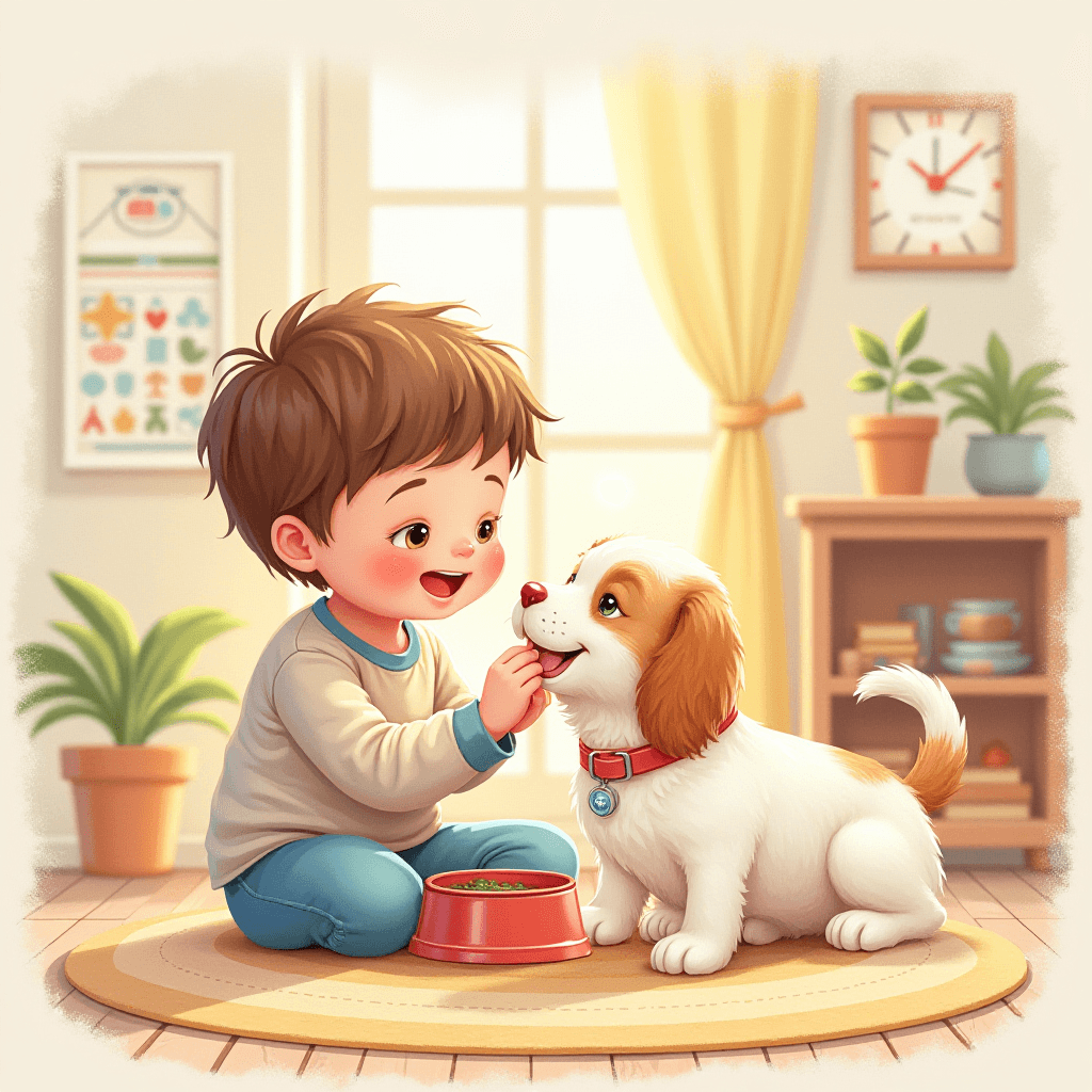Child using pet care chart to take care of family pet