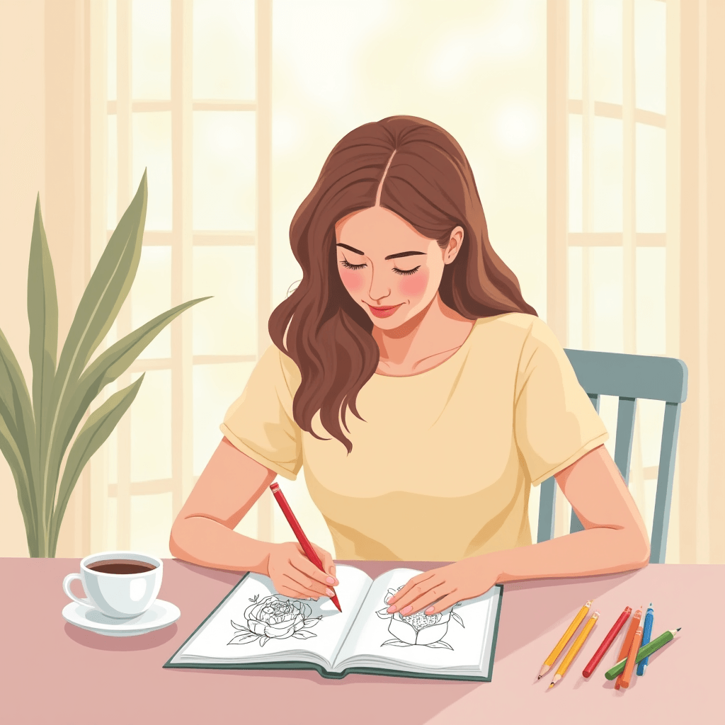 Mom relaxing with adult coloring book and coffee in a calm home setting