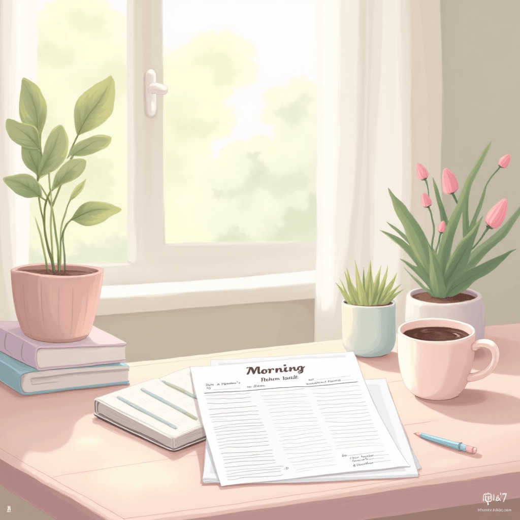 Morning routine printables with coffee in a calm and organized home setting