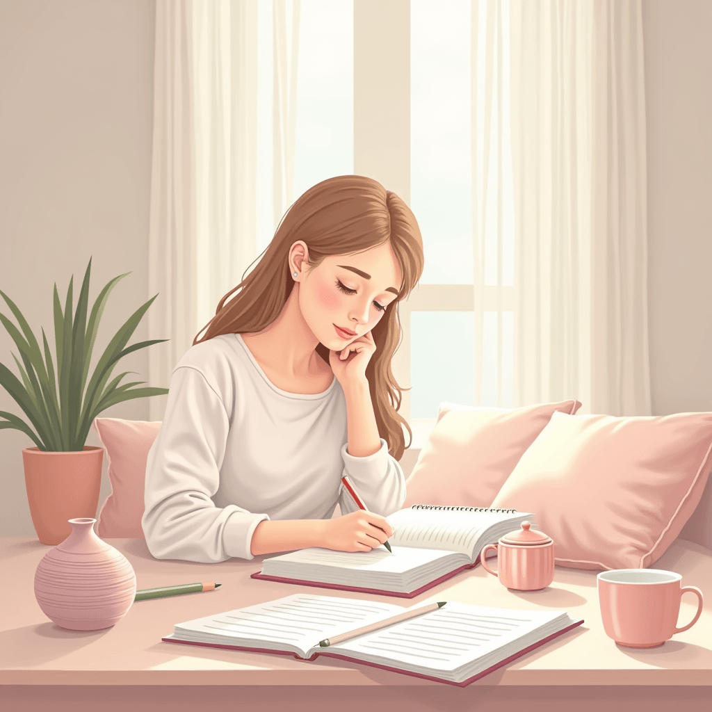 Mom journaling using self care worksheets in a peaceful home environment