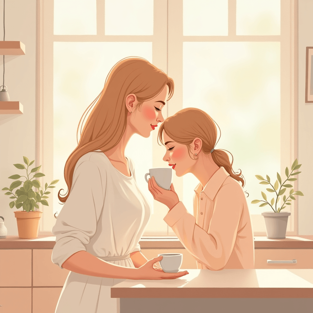 Mom enjoying a peaceful coffee ritual in a calm home environment