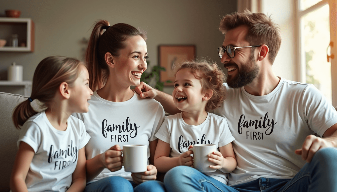 Family wearing matching shirts and enjoying time together at home