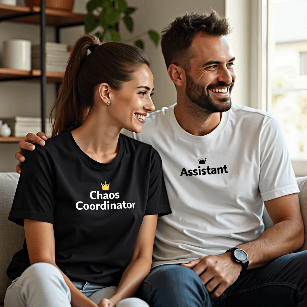 Mom and dad wearing matching graphic t-shirts together in a cozy home setting