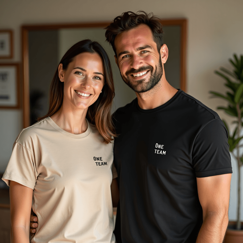 Mom and dad wearing matching graphic t-shirts together in a cozy home setting