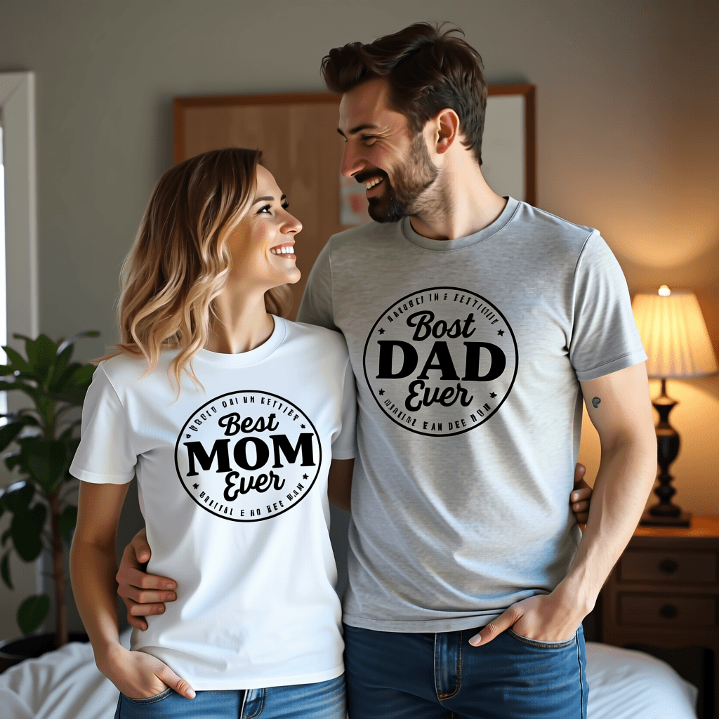 Mom and dad wearing matching graphic t-shirts together in a cozy home setting