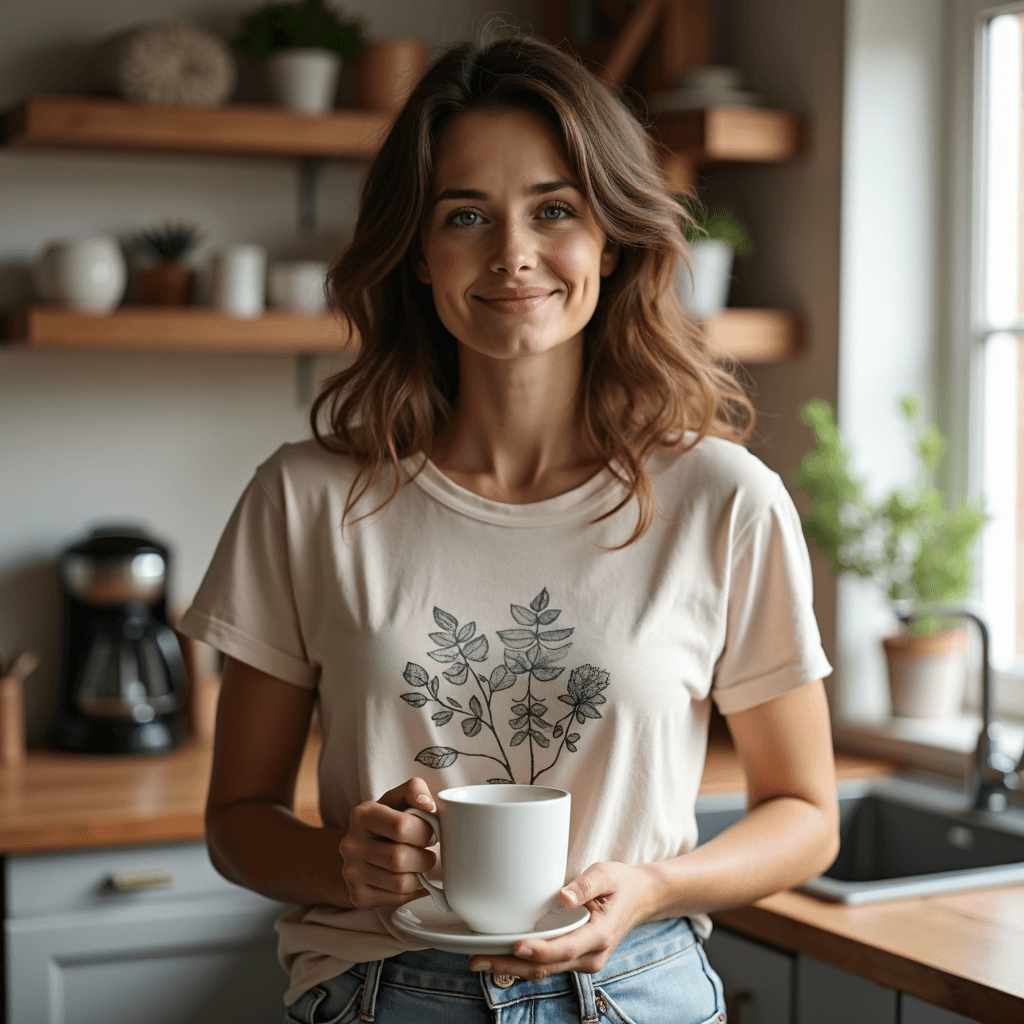 Mom wearing graphic shirt and holding coffee in a cozy kitchen