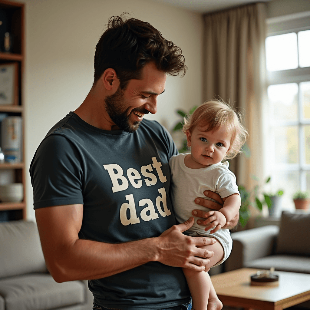 Dad wearing graphic t-shirt while spending time with his kids at home