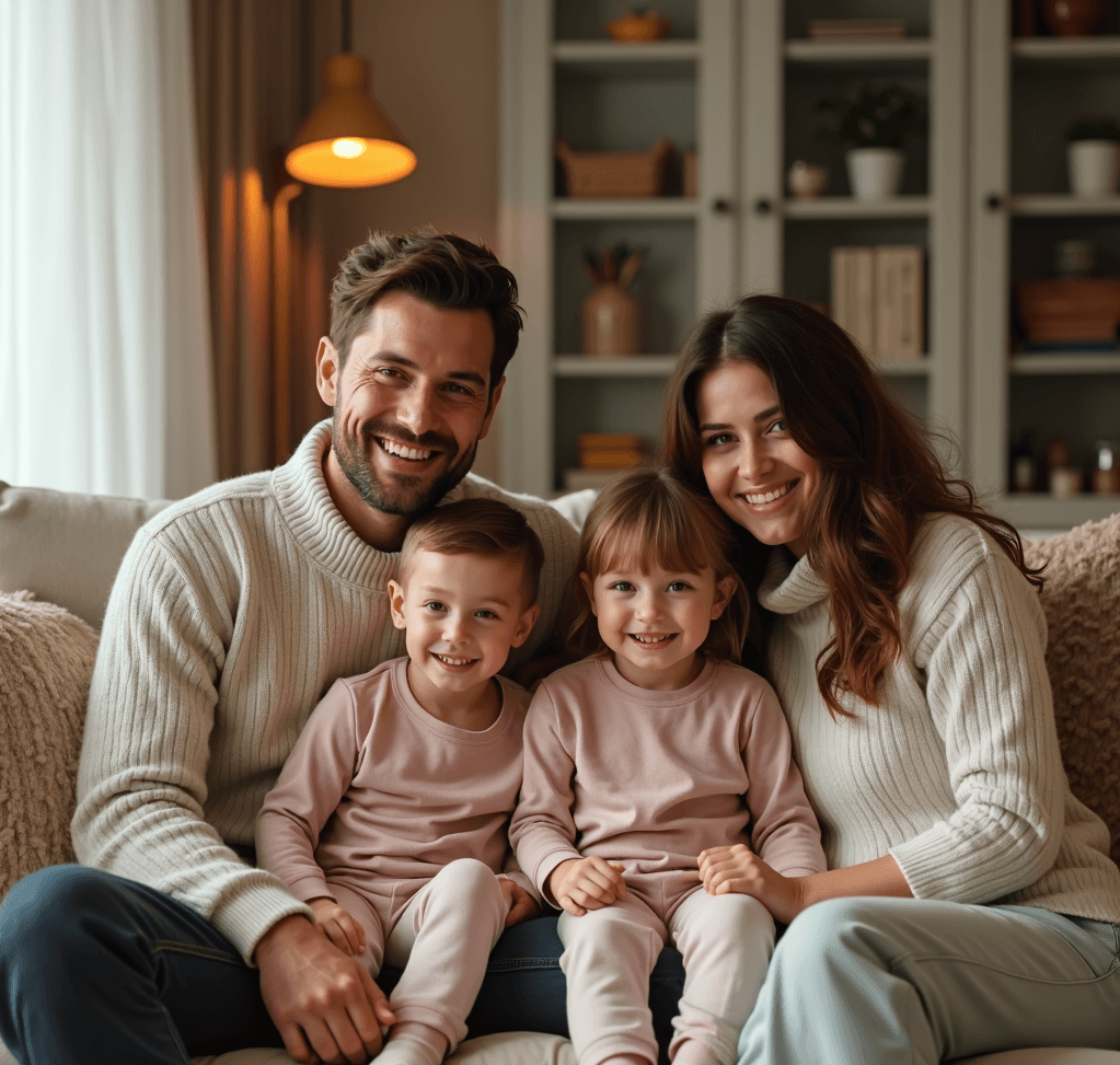 Family wearing matching outfits in a cozy home setting