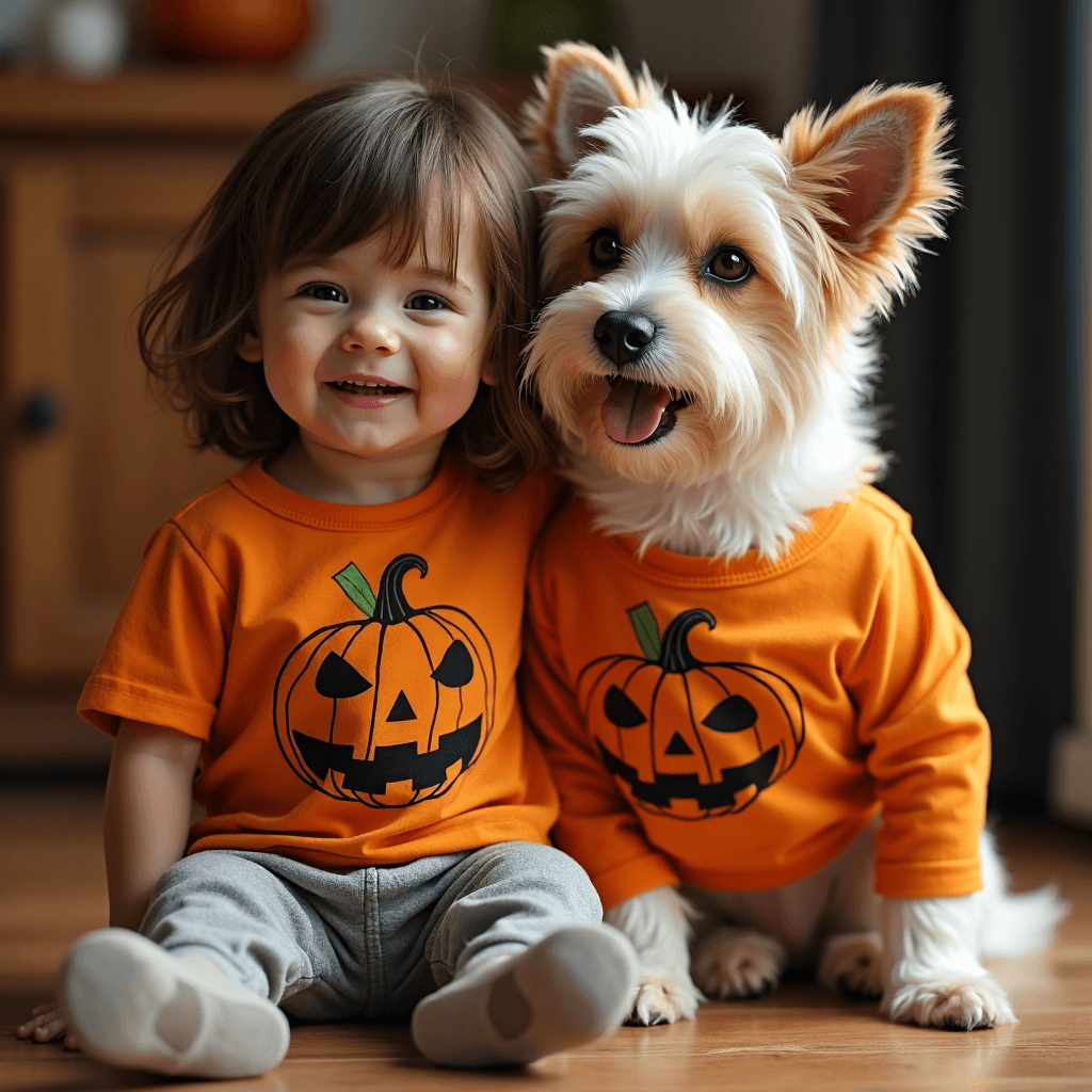 Child and pet enjoying matching themed accessories at home