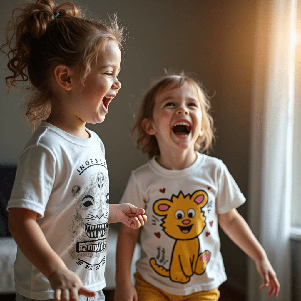 Kids wearing graphic t-shirts and playing at home
