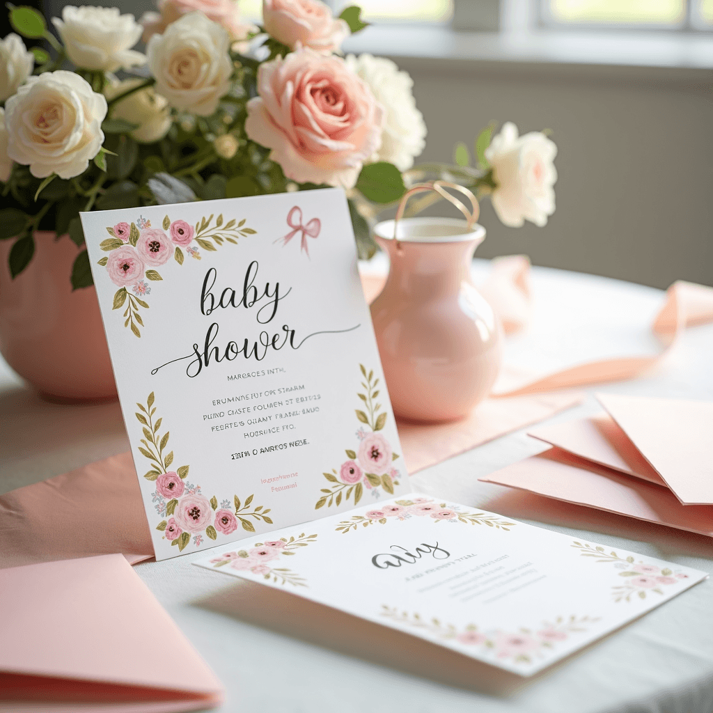 Printable baby shower invitations displayed on decorated table