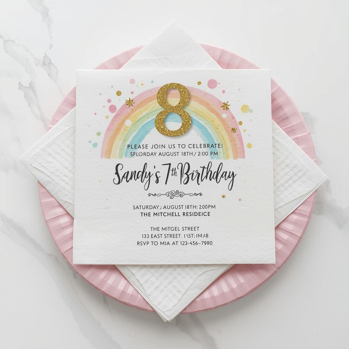 Printable birthday invitations with party decorations andrainbow theme , gold and pink
