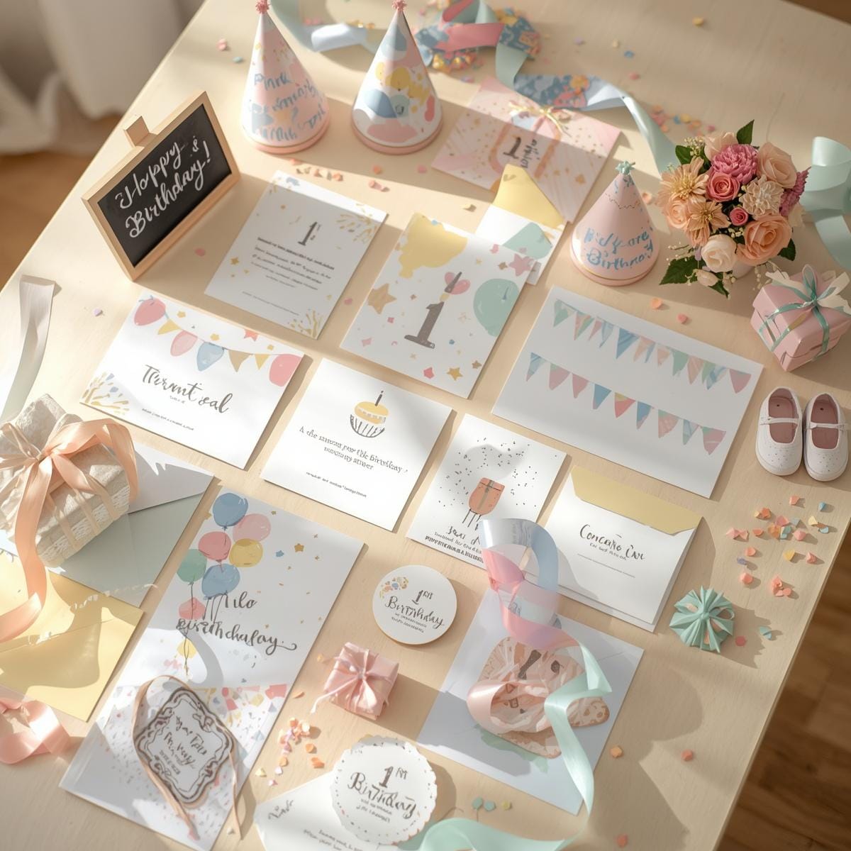 Printable party kit with decorations arranged on a celebration table