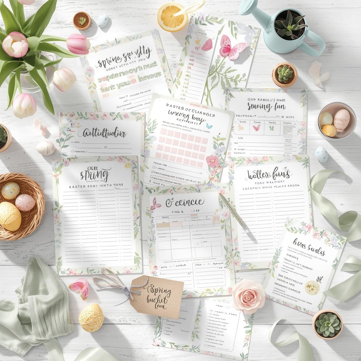 Seasonal printable family activities displayed with cozy decorations. Winter, Spring, Summer, Autumn Family Packs