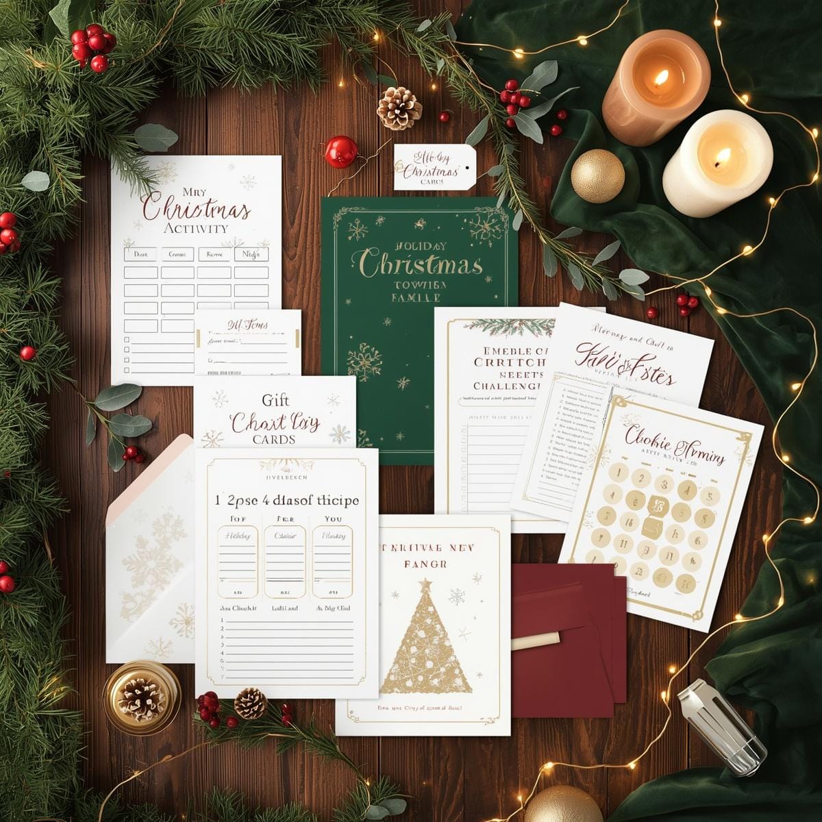 Holiday printable activities arranged on a festive family table