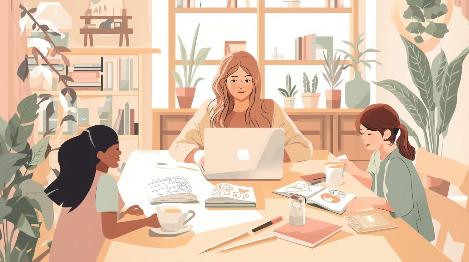 Calm family home with mom working and kids playing with printables