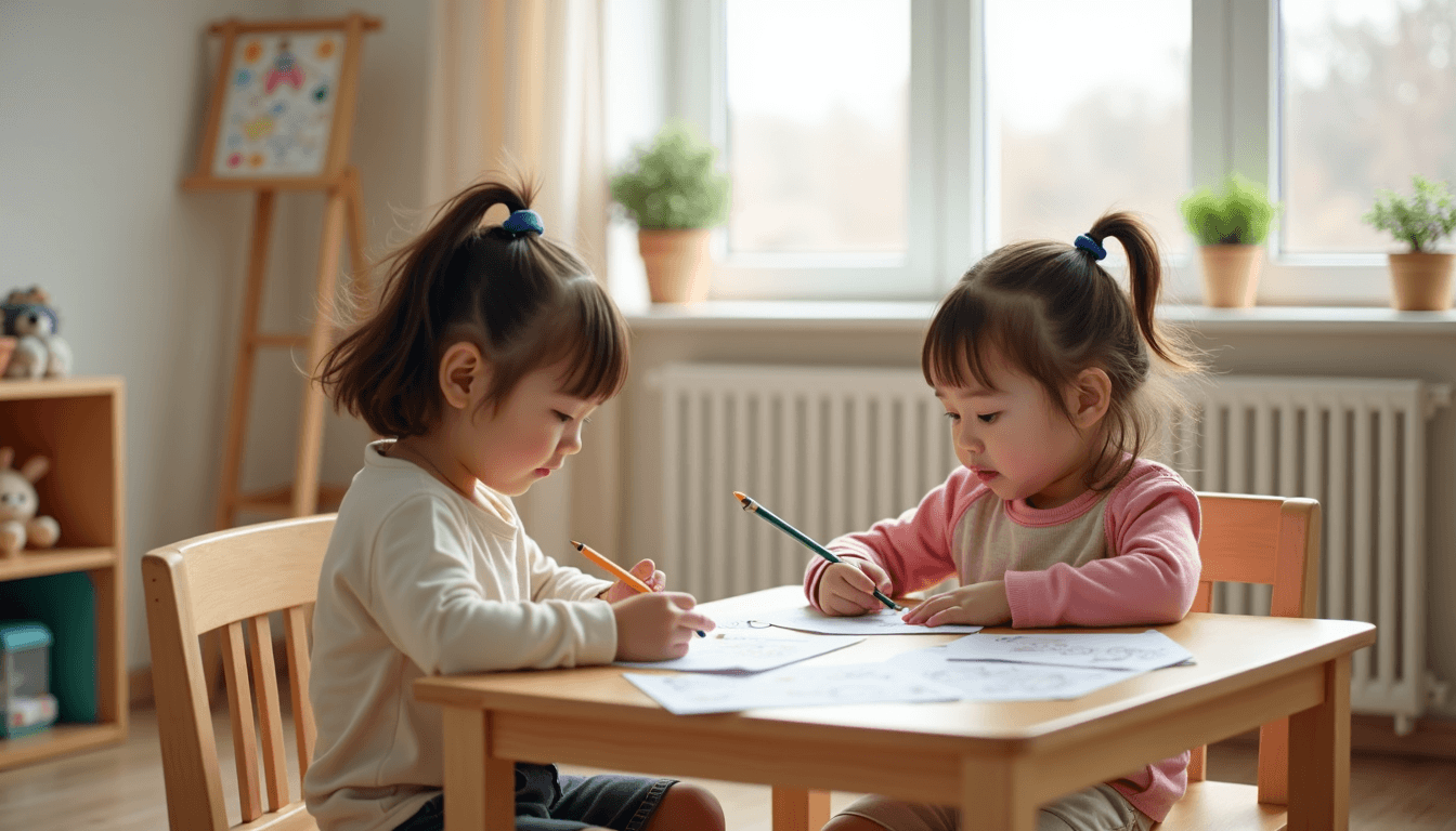 Children doing quiet activities with printables in a cozy playroom