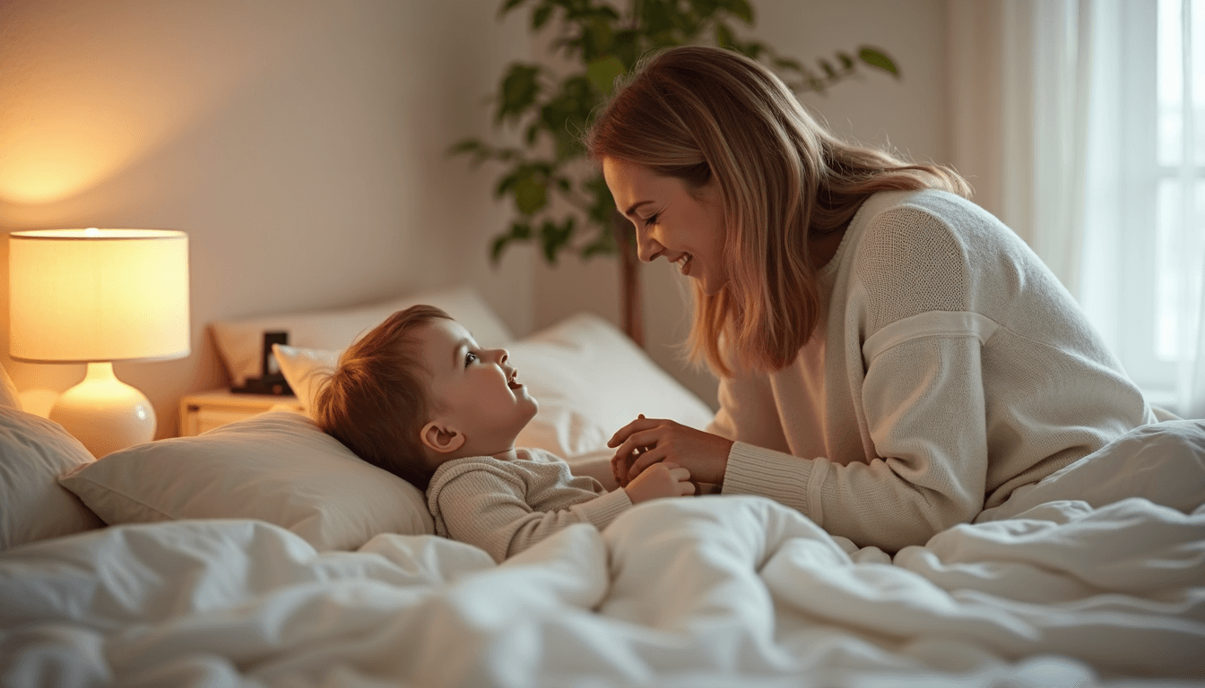 Mother comforting child during bedtime routine in a calm bedroom