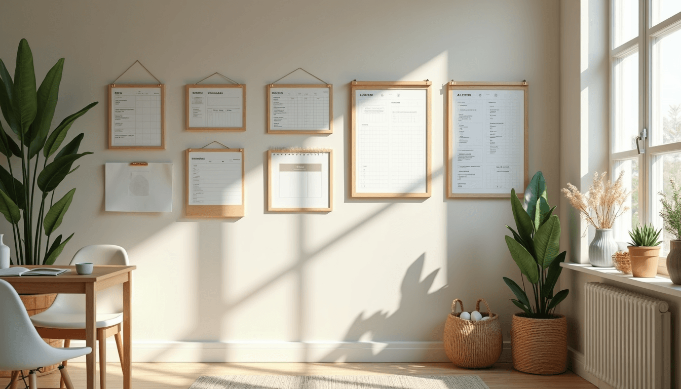 Organized home command center with chore charts and family planners