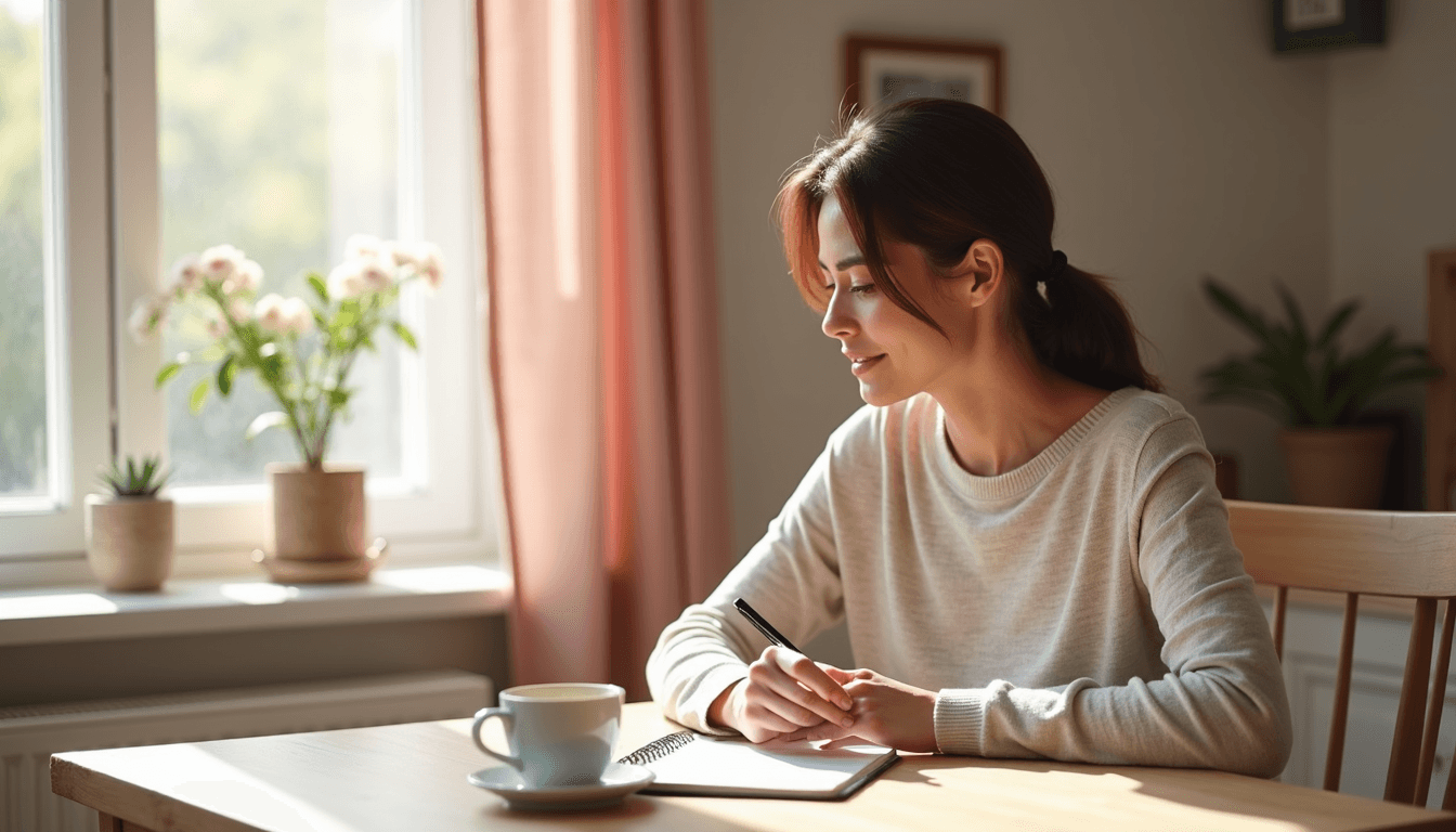 Mom enjoying a quiet morning with coffee and planner