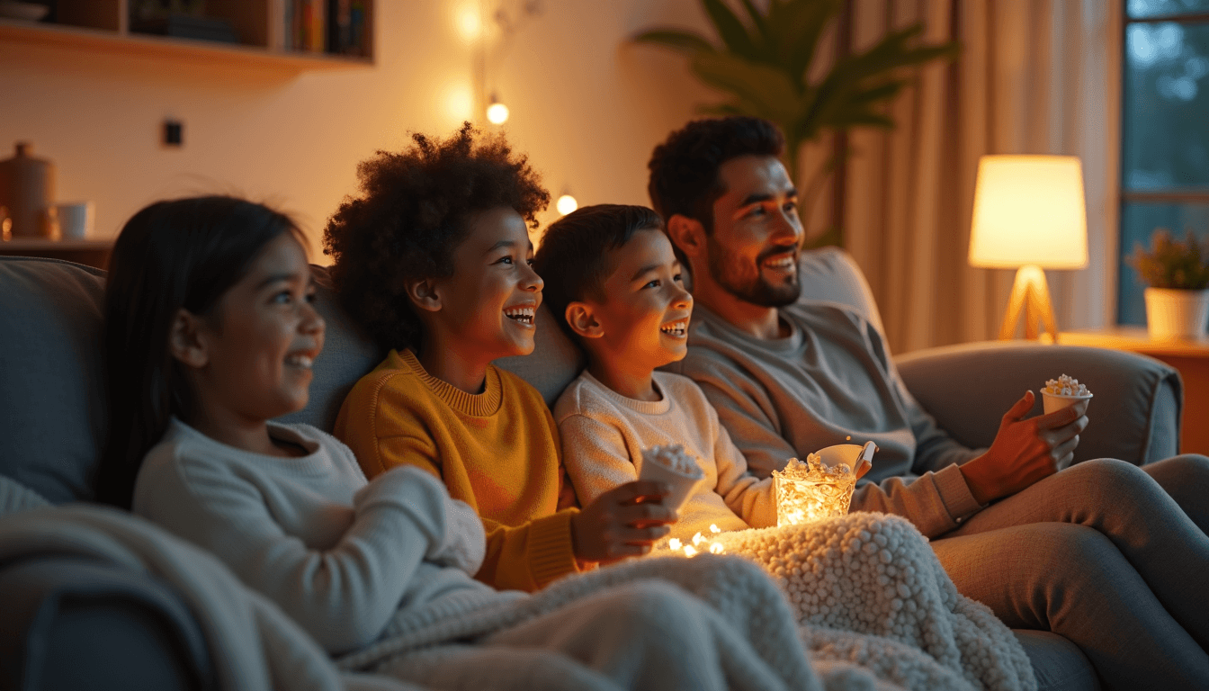Family enjoying a cozy movie night together at home