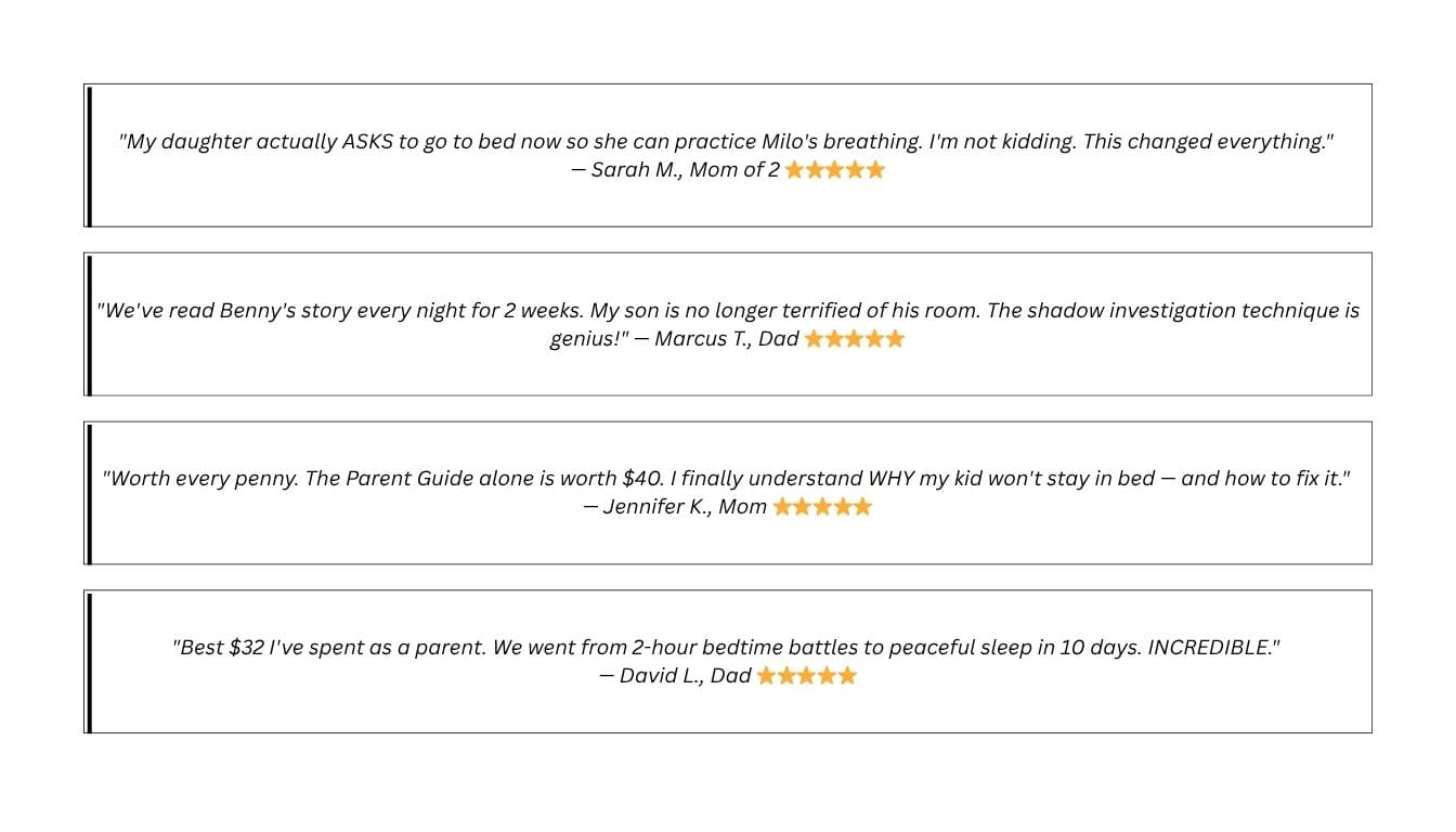 Five-star parent review of the Complete Peaceful Bedtime Toolkit: went from 2-hour bedtime battles to peaceful sleep in 10 days