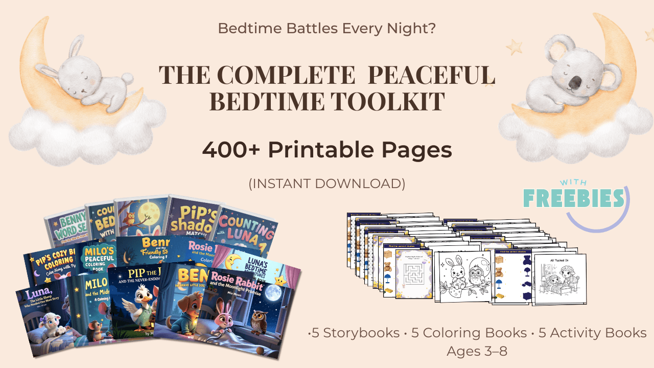 The Complete Peaceful Bedtime Toolkit showing 5 colorful storybooks, coloring pages and activity books spread out on a warm wooden surface