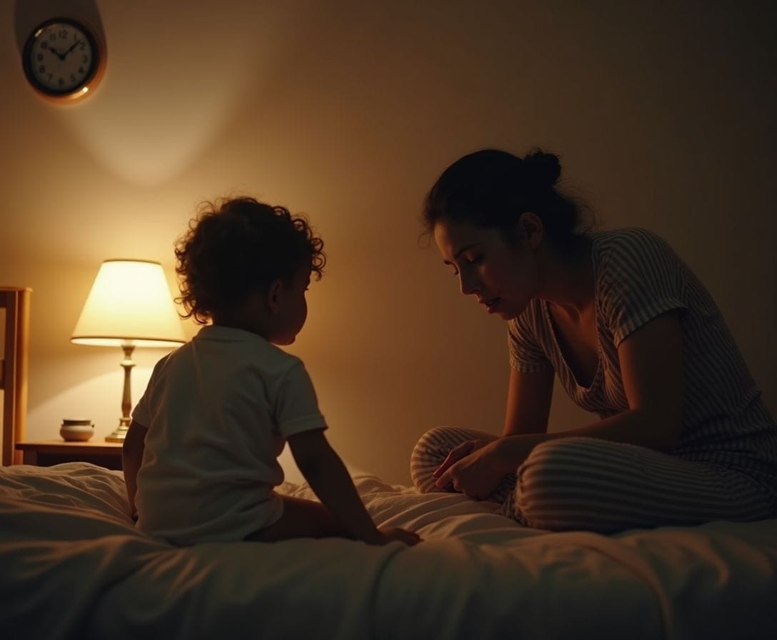 Exhausted mom sitting beside toddler bed late at night, soft lamplight