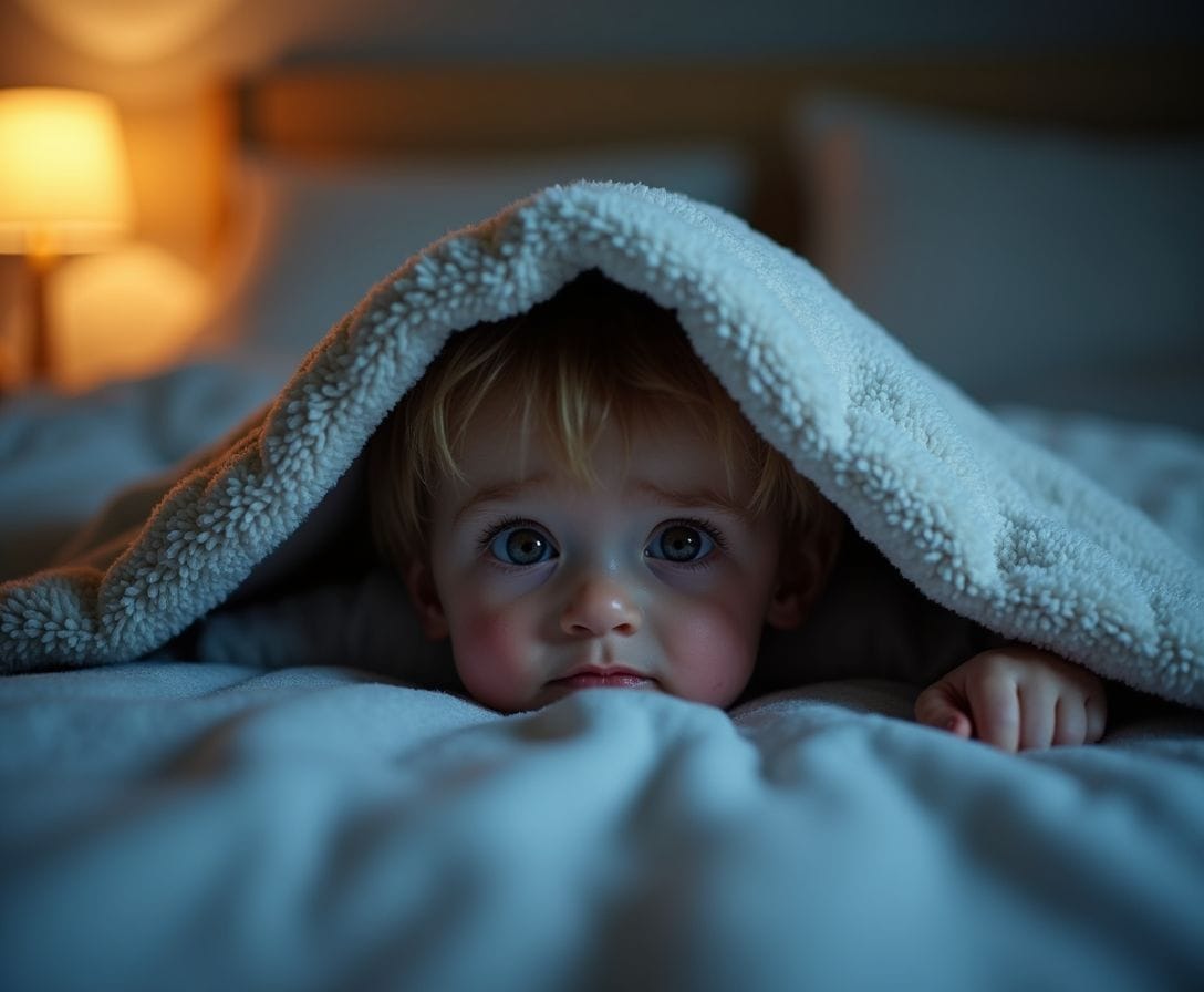Toddler peeking over blanket with wide anxious eyes in dimly lit bedroom