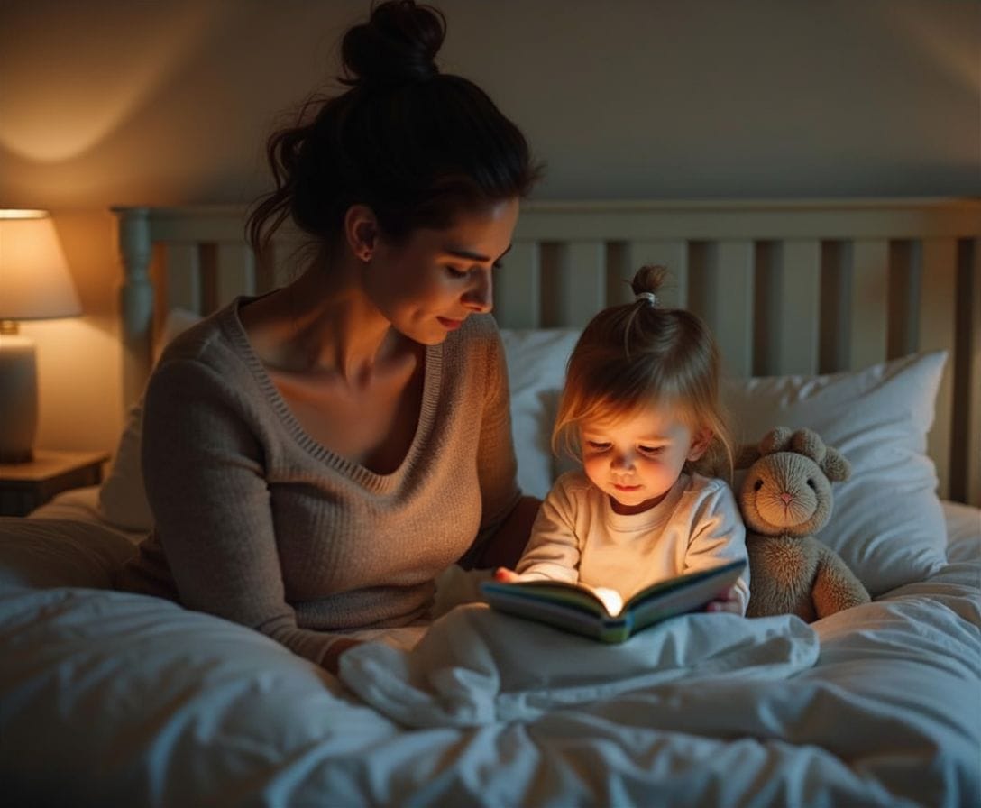 Mom reading bedtime story with calming toddler in cozy dimly lit bedroom