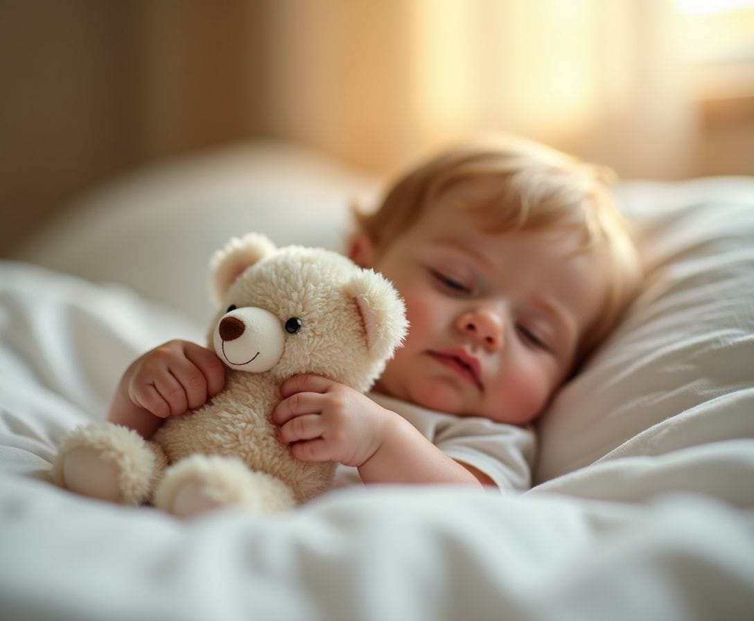 Toddler hand holding a soft stuffed bear tucked into white sheets at bedtime