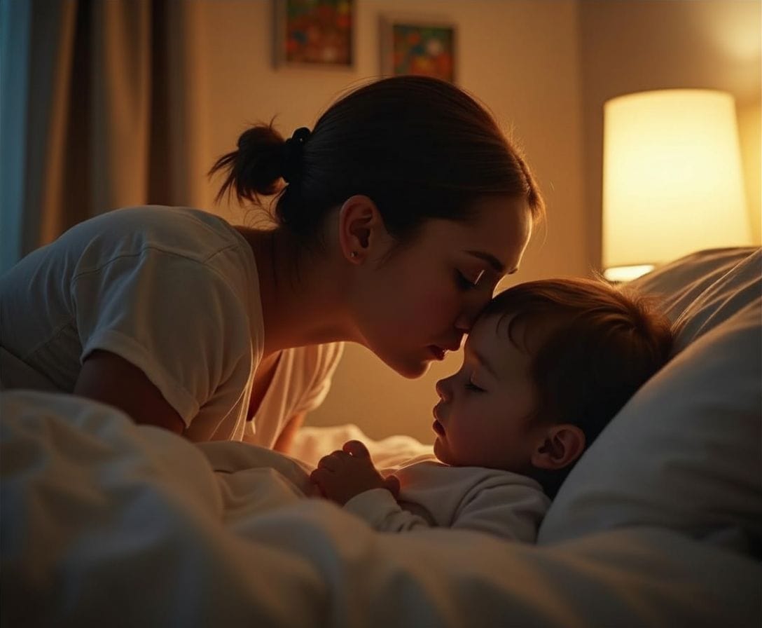 Mom giving sleeping toddler a goodnight forehead kiss in peaceful bedroom