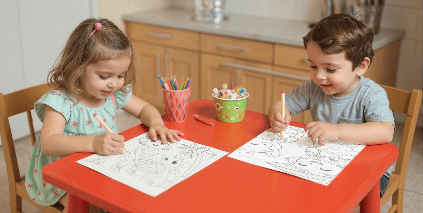 colouring-sheets-little-girl-and-boy-sitting-at-the table-coloring-luna-and-nari-pages