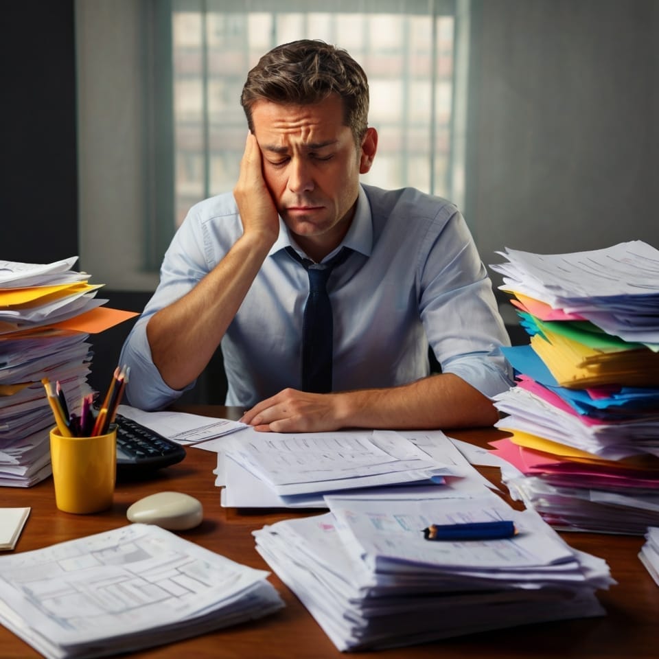 Gestresster Mann sitzt am Arbeitstisch mit Papierkram
