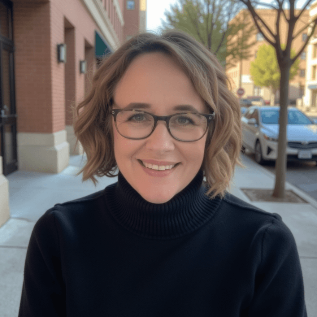 Picture of a woman (Emily Wilkinson) with a maroon jumper. She has short wavy hair and is pictured in front of a wall with a thick vine on it.
