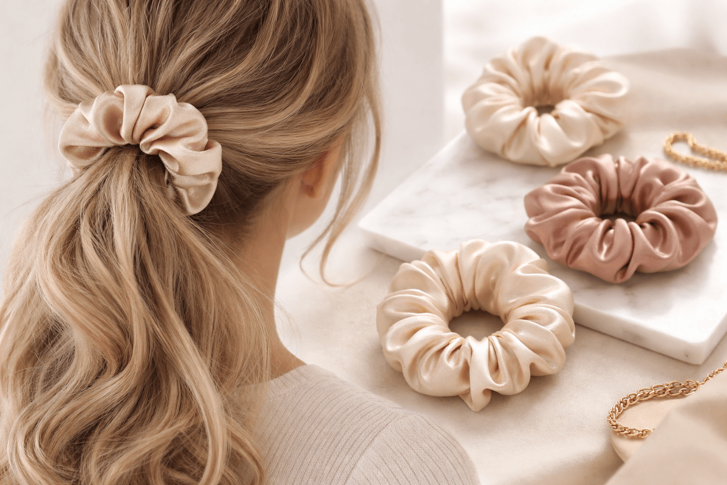 Silk pillowcase and scrunchies for smoother hair and better sleep