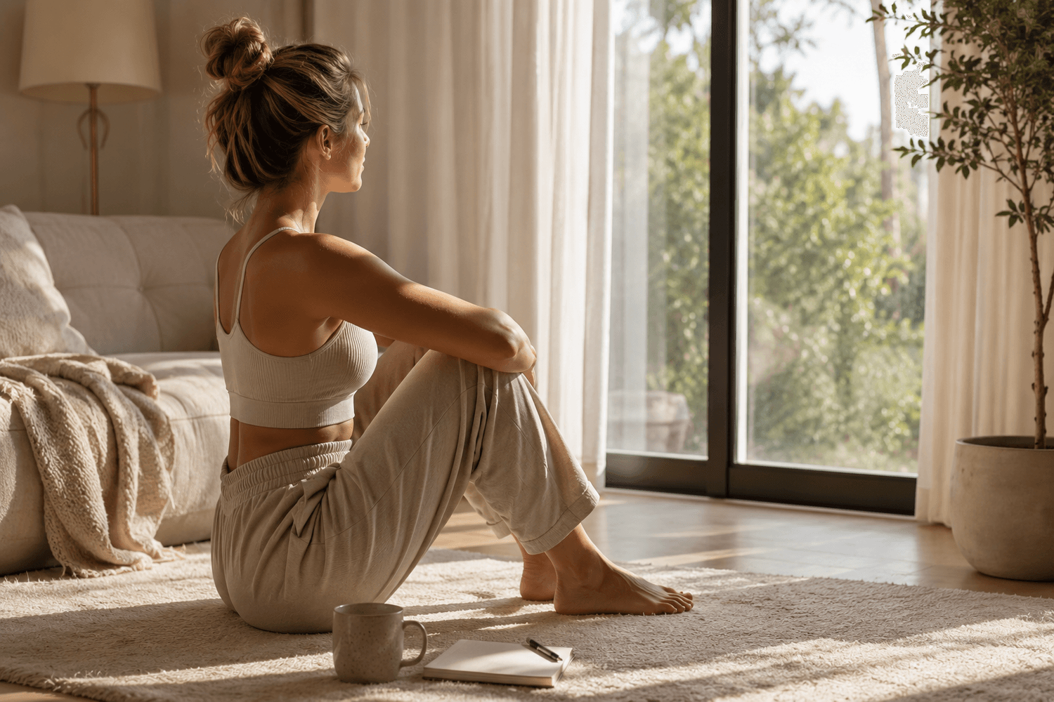 Woman relaxing in a calm wellness-inspired home environment