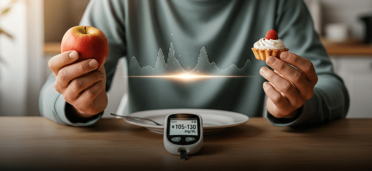 a fit young guy holding an apple with one hand and a piece of dessert with the other