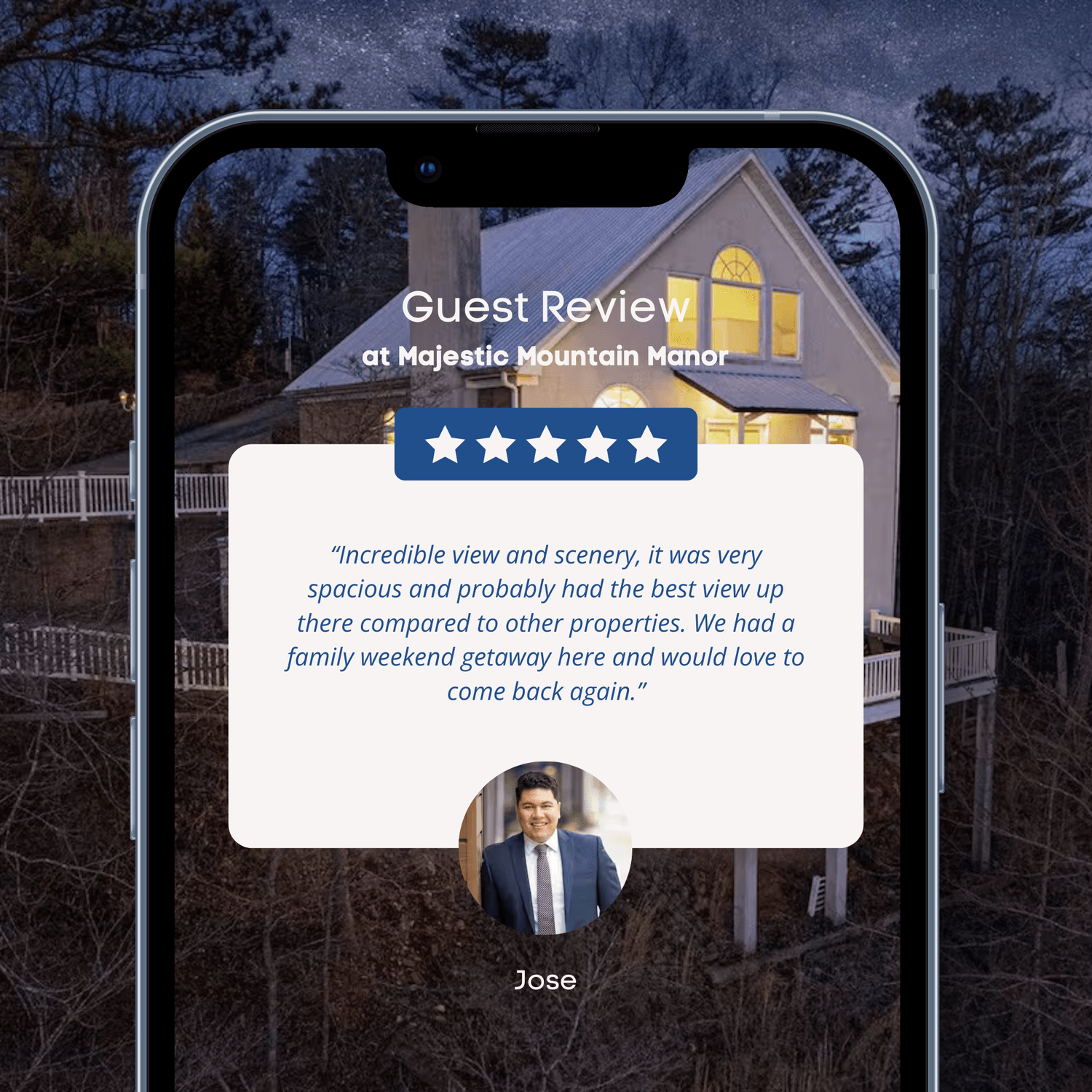5-star guest review for Model Vacation Rentals in Ellijay, Georgia highlighting a spacious, great view, and comfortablestay.