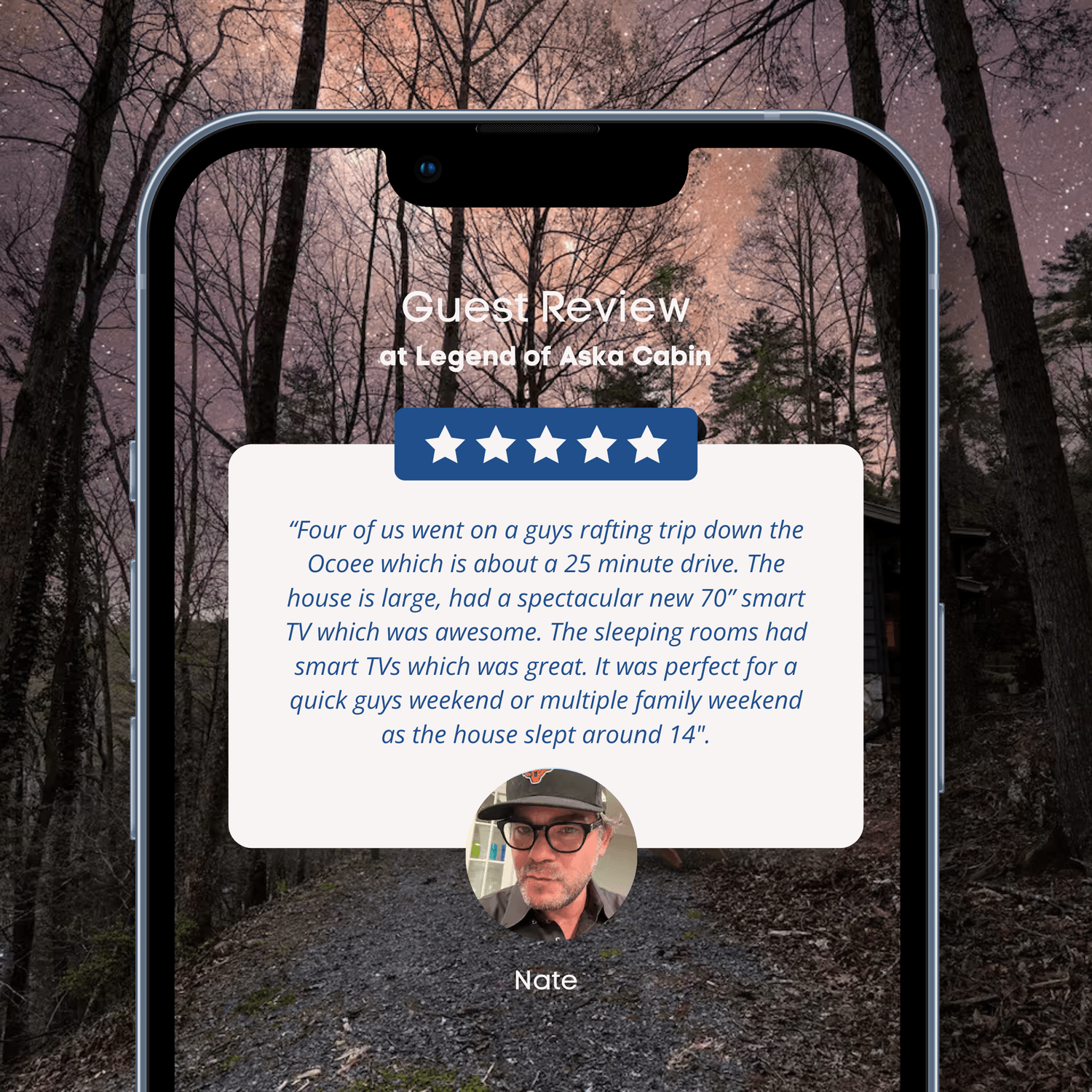 5-star guest review for Model Vacation Rentals in Blueridge, Georgia highlighting a spacious and rooms complete features of their stay.