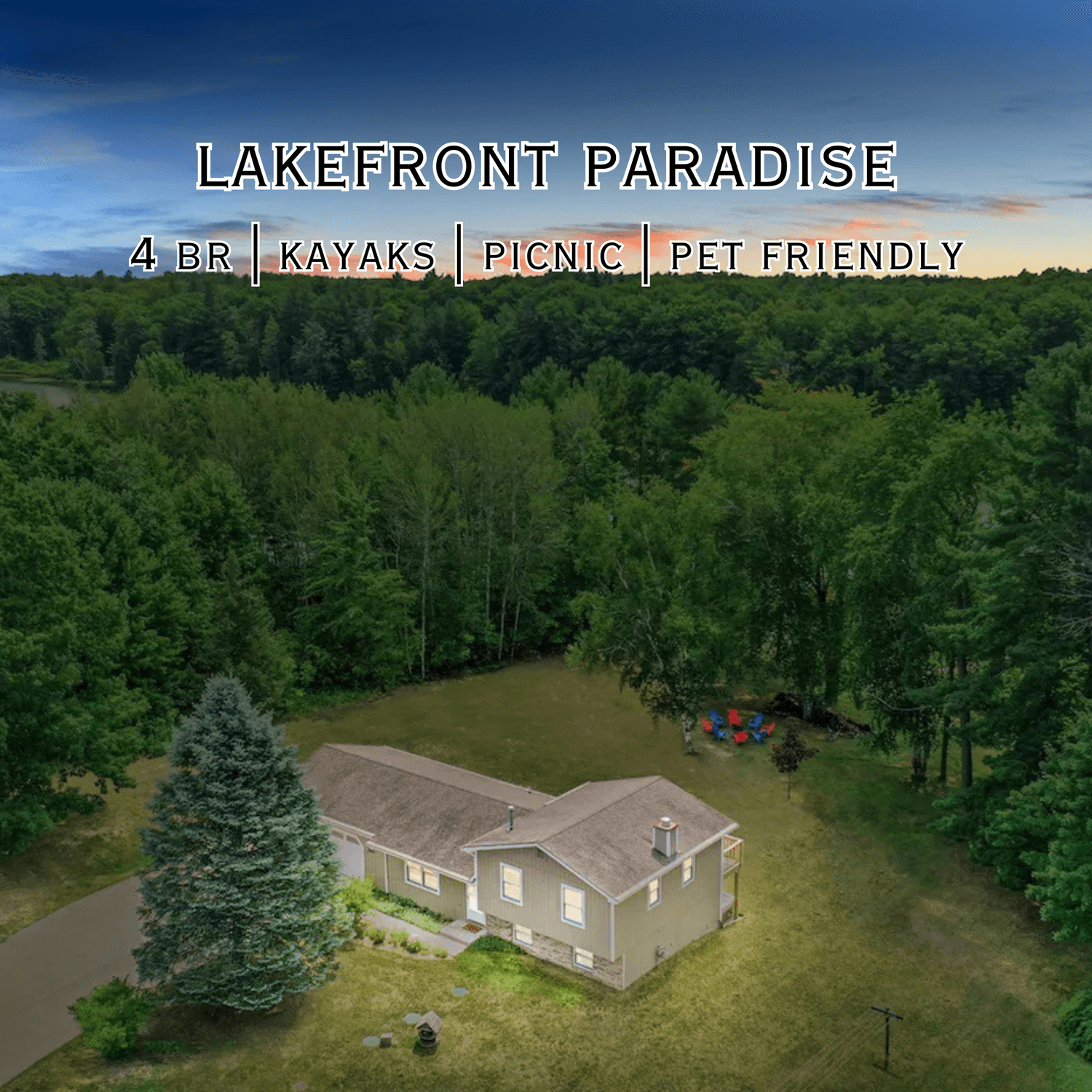 Traverse City lakefront vacation rental with hot tub, fire pit, and four stylish bedrooms.