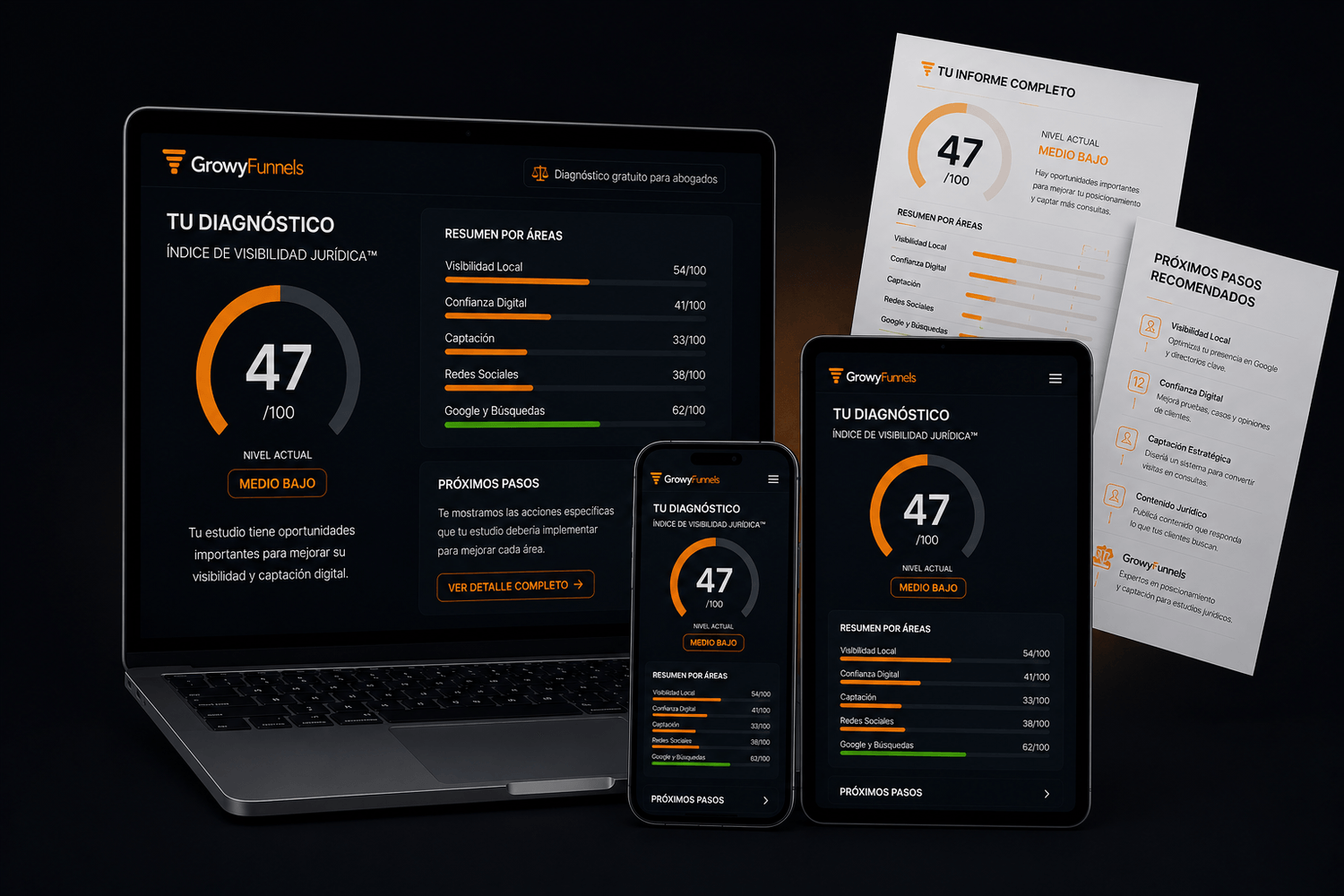 Mockup del diagnóstico de visibilidad jurídica en laptop