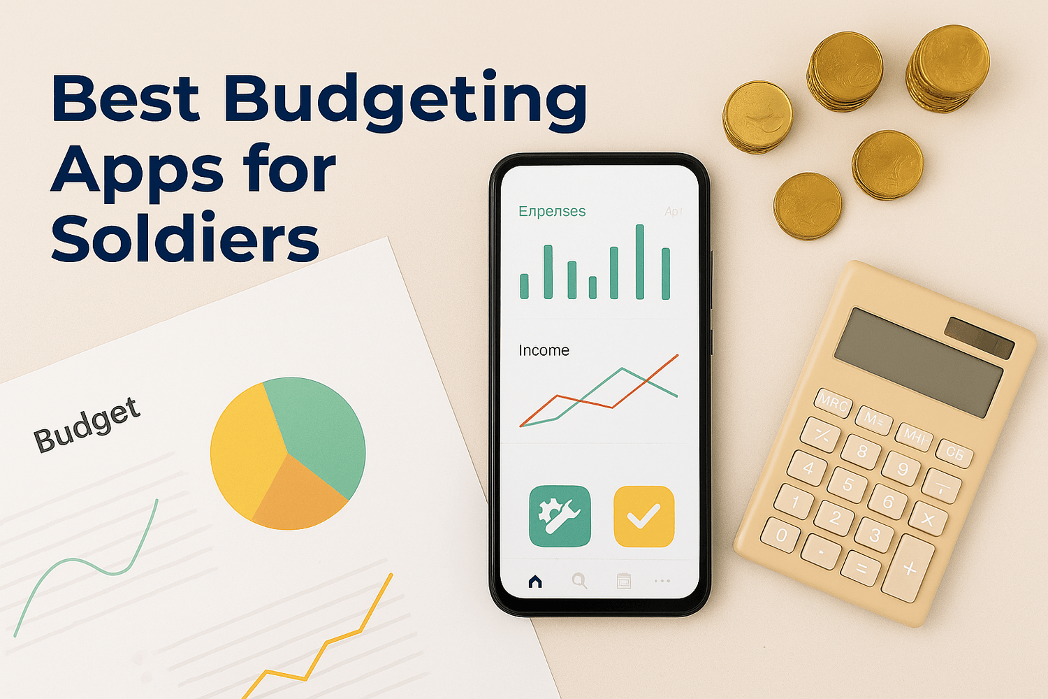 Best budgeting apps for soldiers in 2025 shown with phone screen, calculator, and coins on a table.