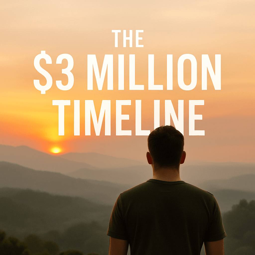 Soldier standing at sunrise looking toward mountain horizon with bold white text that says “The $3 Million Timeline” — symbolizing long-term growth and financial freedom through smart investing while serving.