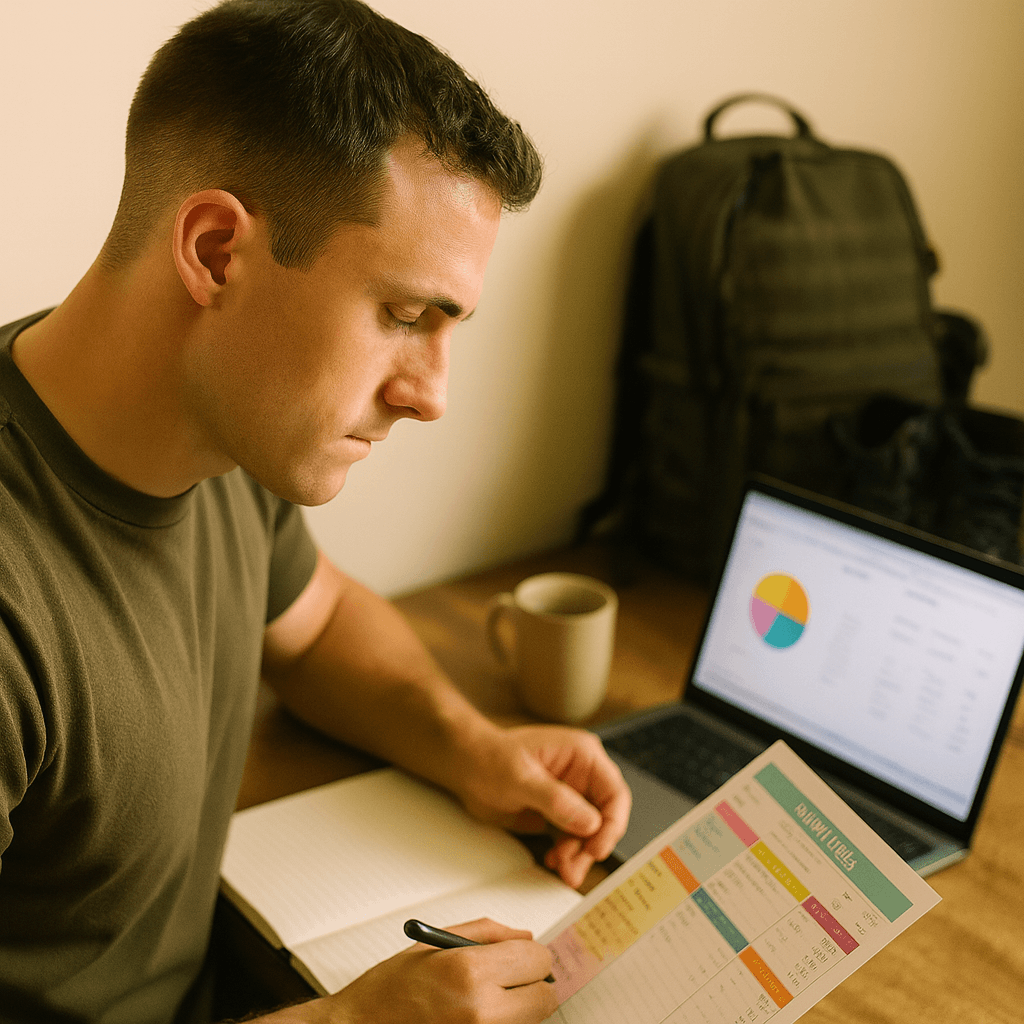 Young man studying financial strategies on a laptop and taking notes, symbolizing soldiers learning how to build wealth.